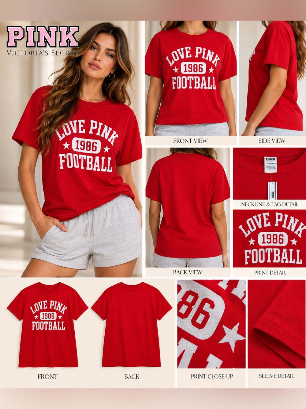 PINK Victoria's Secret Red 'Love Pink 1986 Football' Graphic Tee Sz small NWT